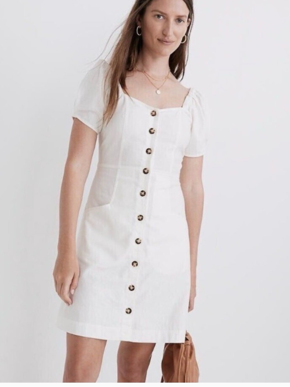 Madewell White Puff-Sleeve Button Mini Dress